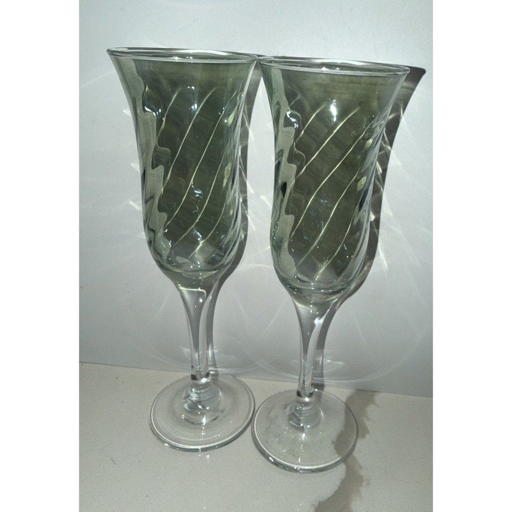 Set of 2 Champagne Flutes Pastel Iridescent Swirl Glass Bowls 8.25" T Green